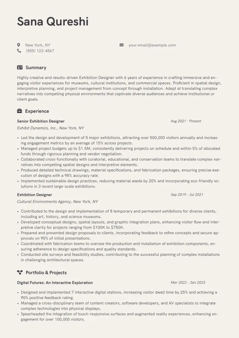 Exhibition Designer Resume Example CV template preview
