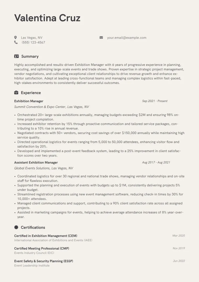 Exhibition Manager Resume Example CV template preview