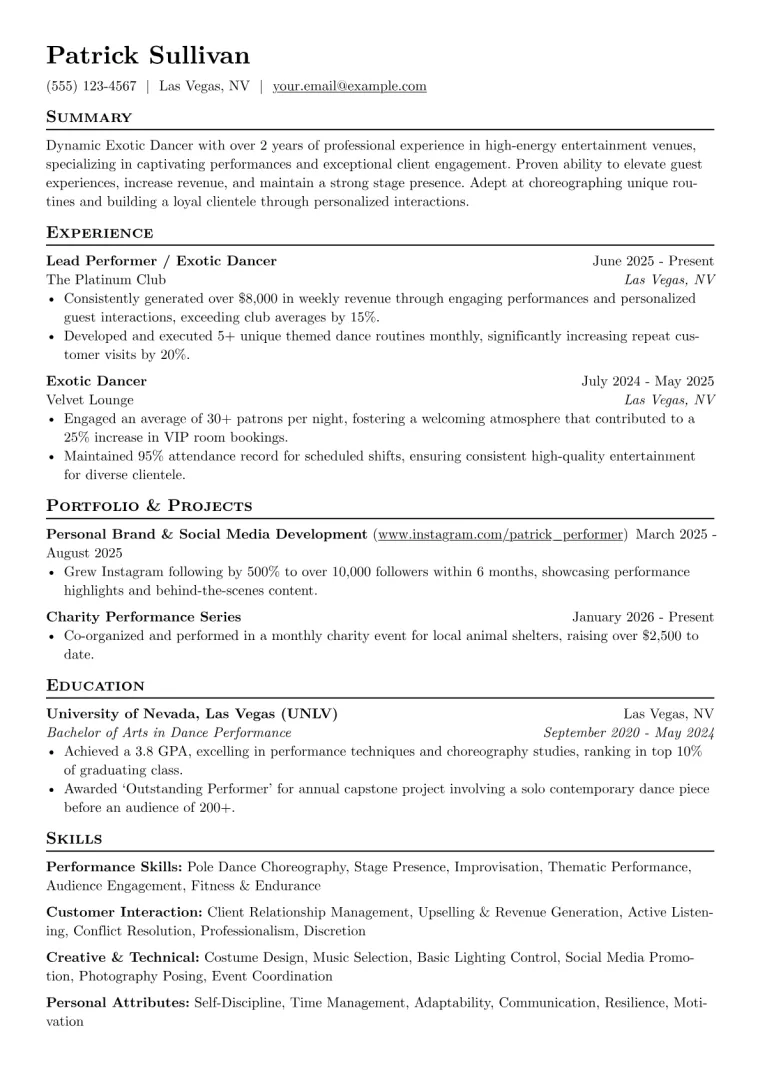 Exotic Dancer Resume Example preview