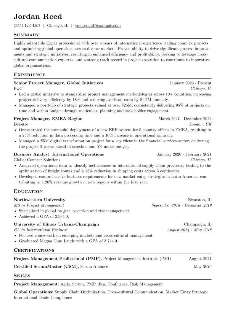 Expat Resume Example CV template preview