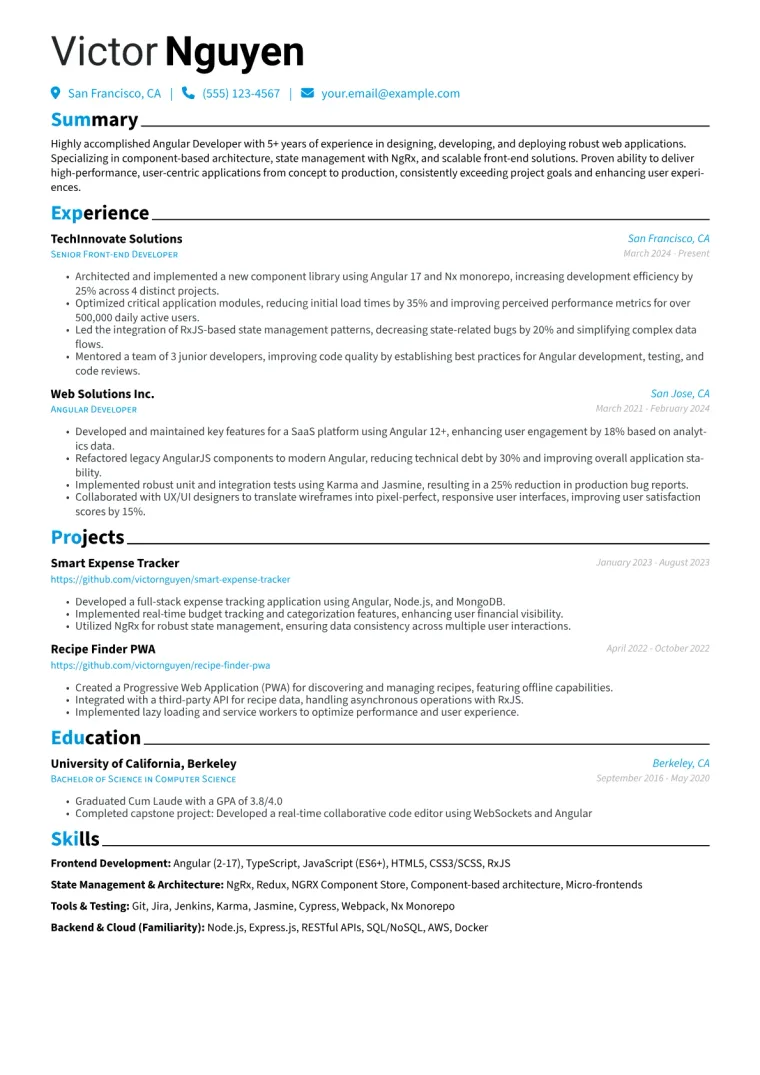 Experienced Angular Developer Resume Example CV template preview