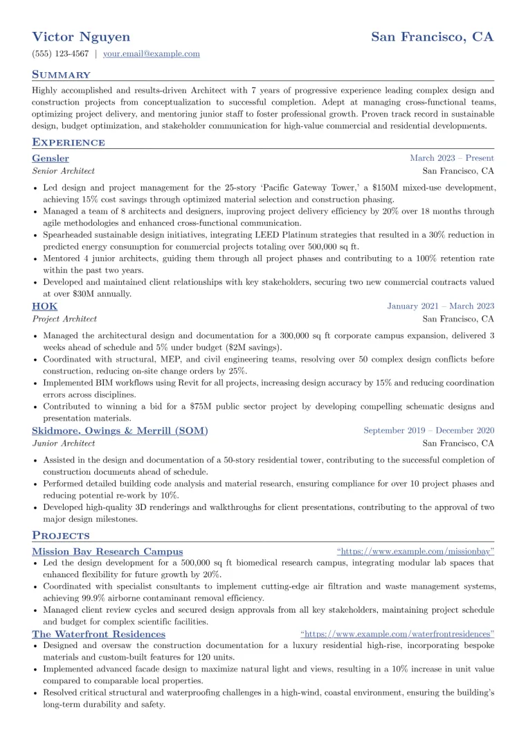 Experienced Architect Resume Example CV template preview