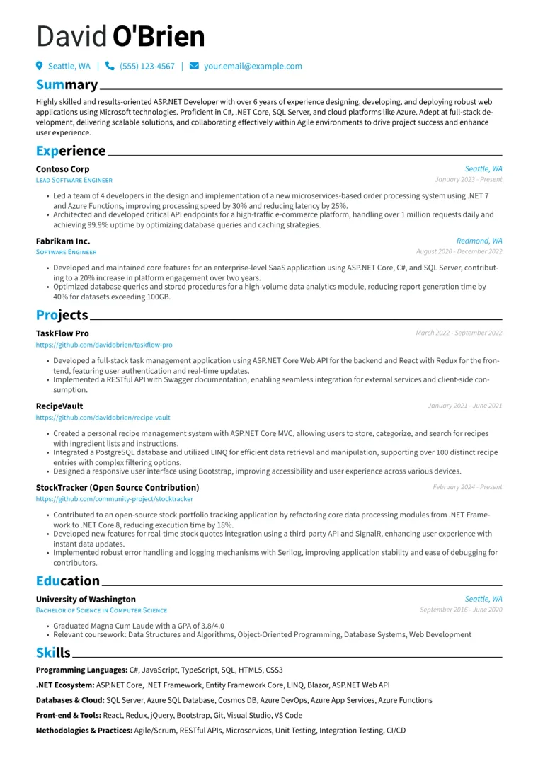 Experienced ASP.NET Developer Resume Example preview