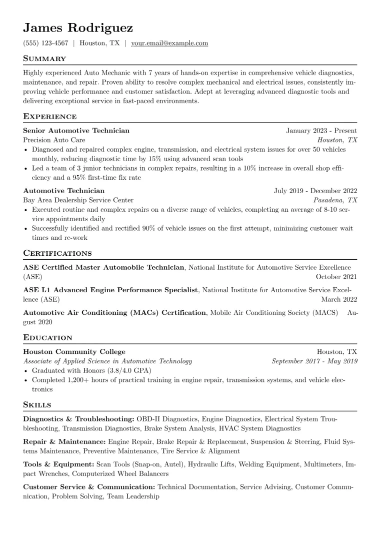 Experienced Auto Mechanic Resume Example CV template preview
