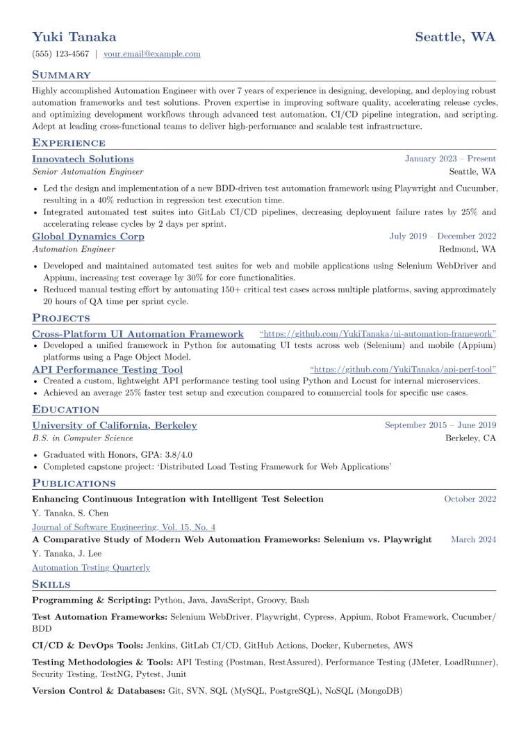 Experienced Automation Engineer Resume Example CV template preview