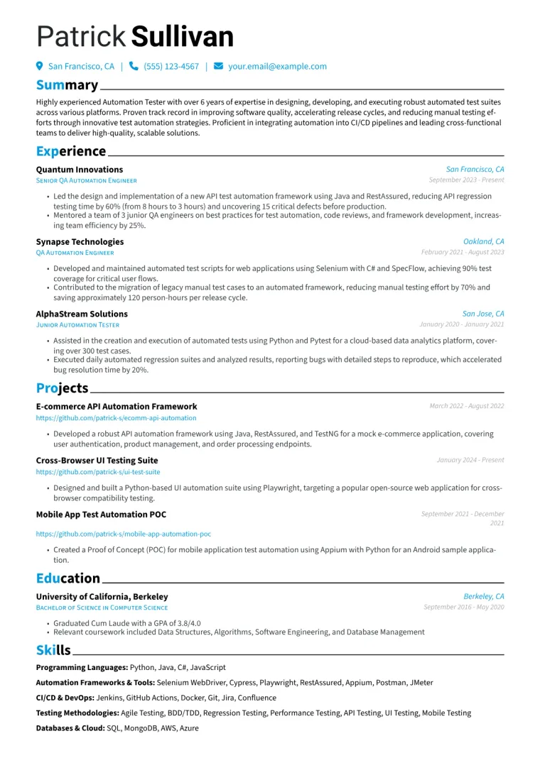 Experienced Automation Tester Resume Example preview