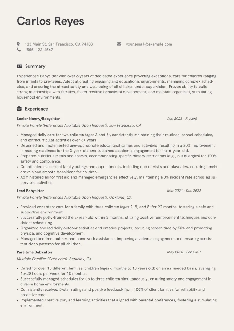 Experienced Babysitter Resume Example CV template preview
