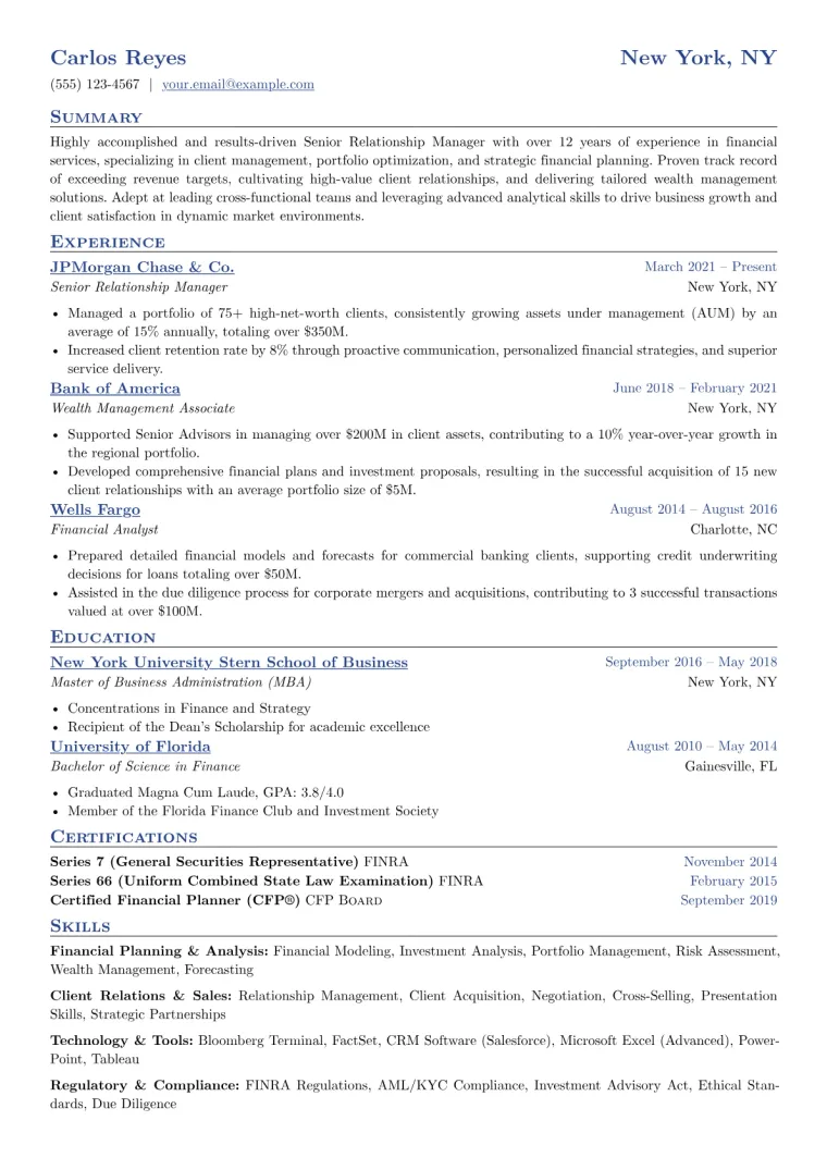 Experienced Banker Resume Example CV template preview
