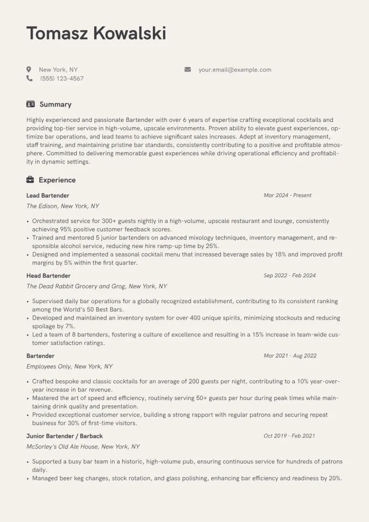 Experienced Bartender Resume Example preview