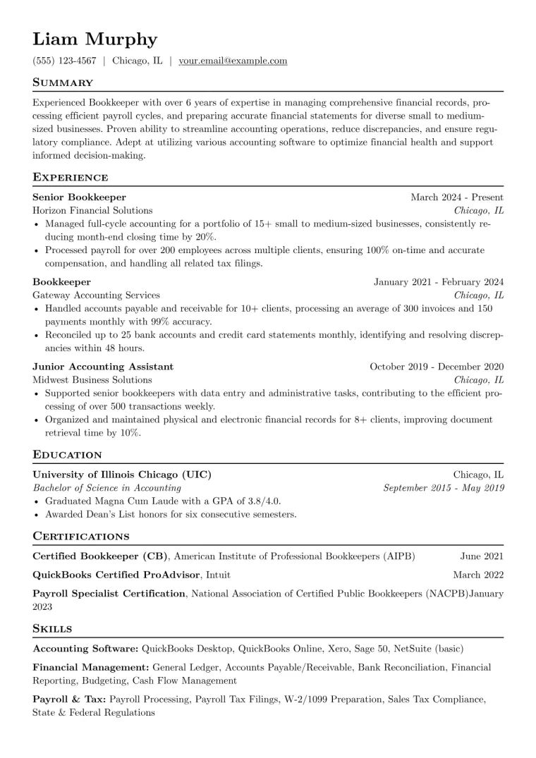 Experienced Bookkeeper Resume Example preview