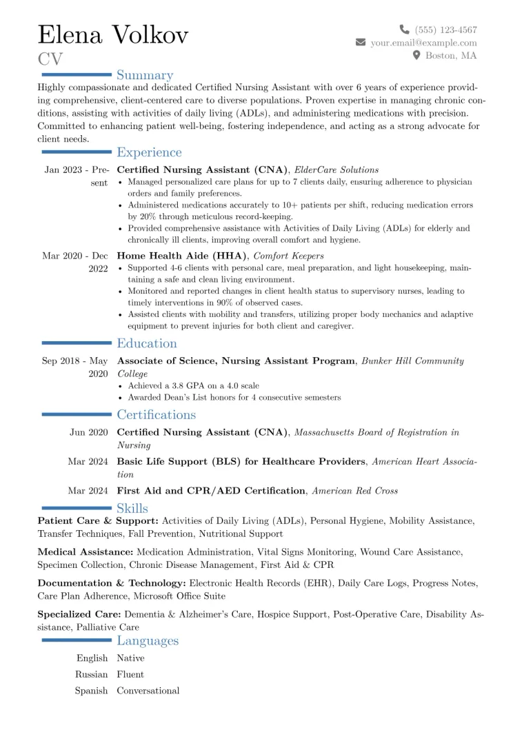 Experienced Caregiver Resume Example CV template preview