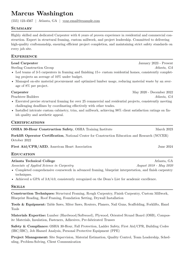 Experienced Carpenter Resume Example CV template preview