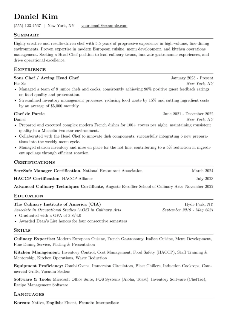 Experienced Chef Resume Example preview