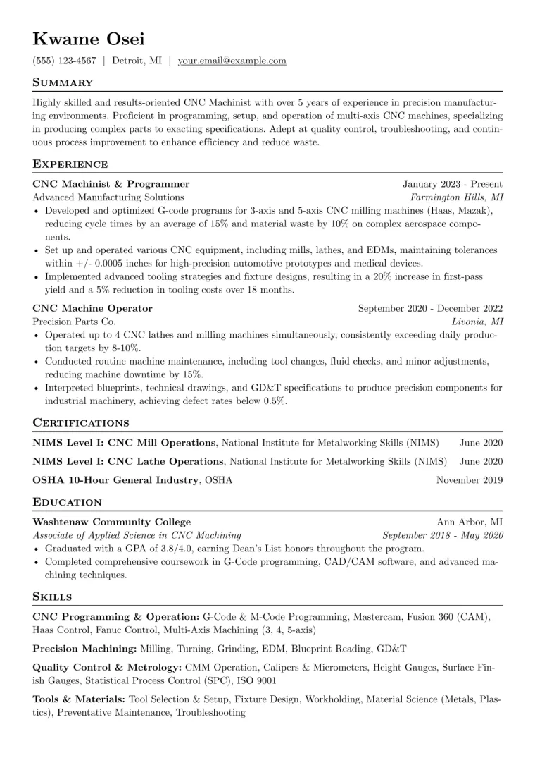 Experienced CNC Machinist Resume Example CV template preview
