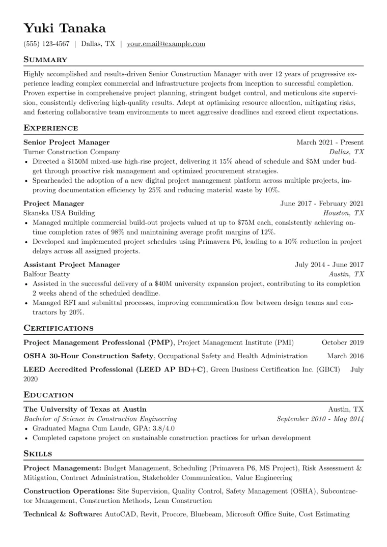 Experienced Construction Manager Resume Example CV template preview