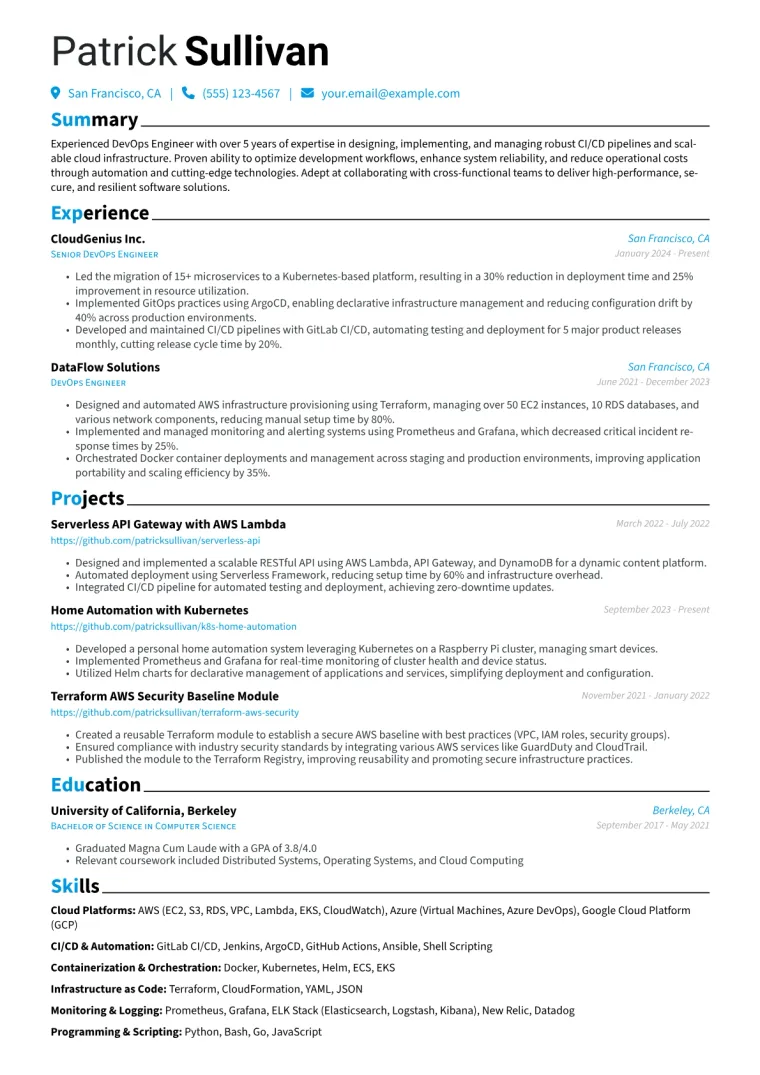 Experienced DevOps Engineer Resume Example CV template preview