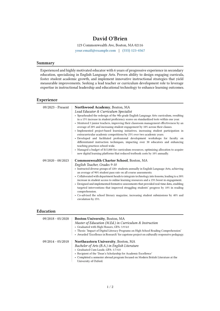 Experienced Educator Resume Example CV template preview