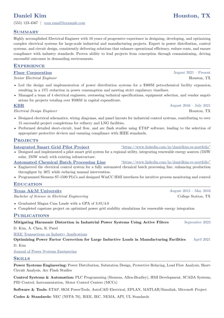 Experienced Electrical Engineer Resume Example CV template preview