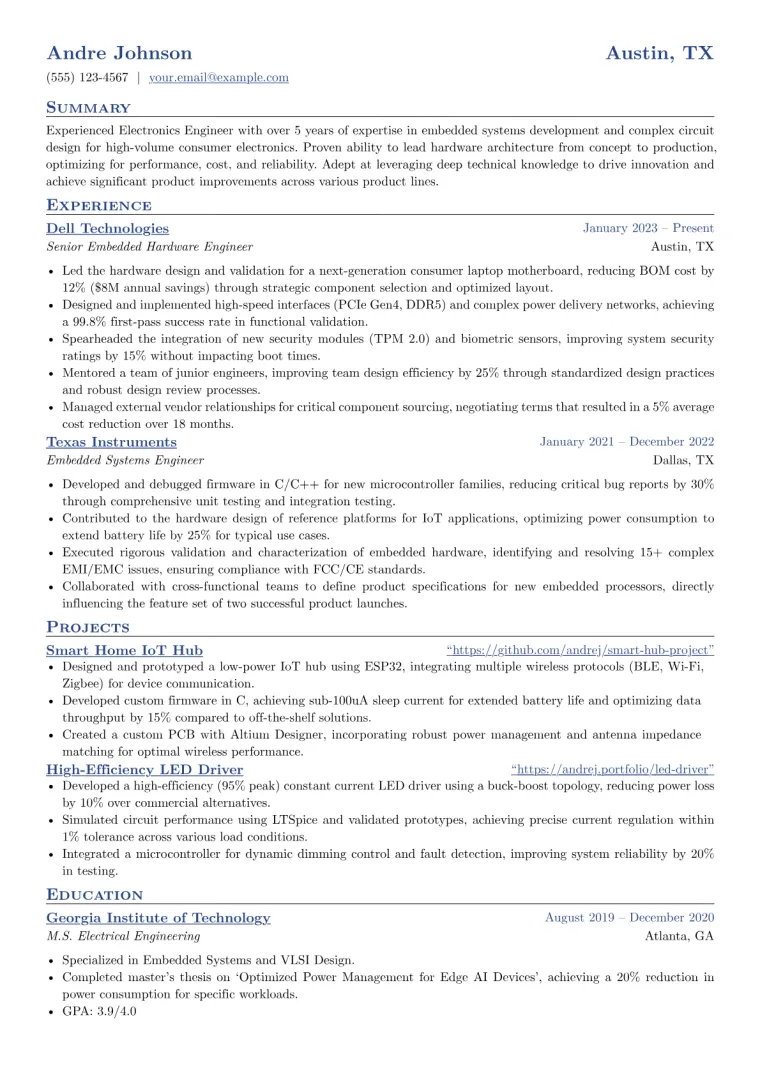 Experienced Electronics Engineer Resume Example CV template preview