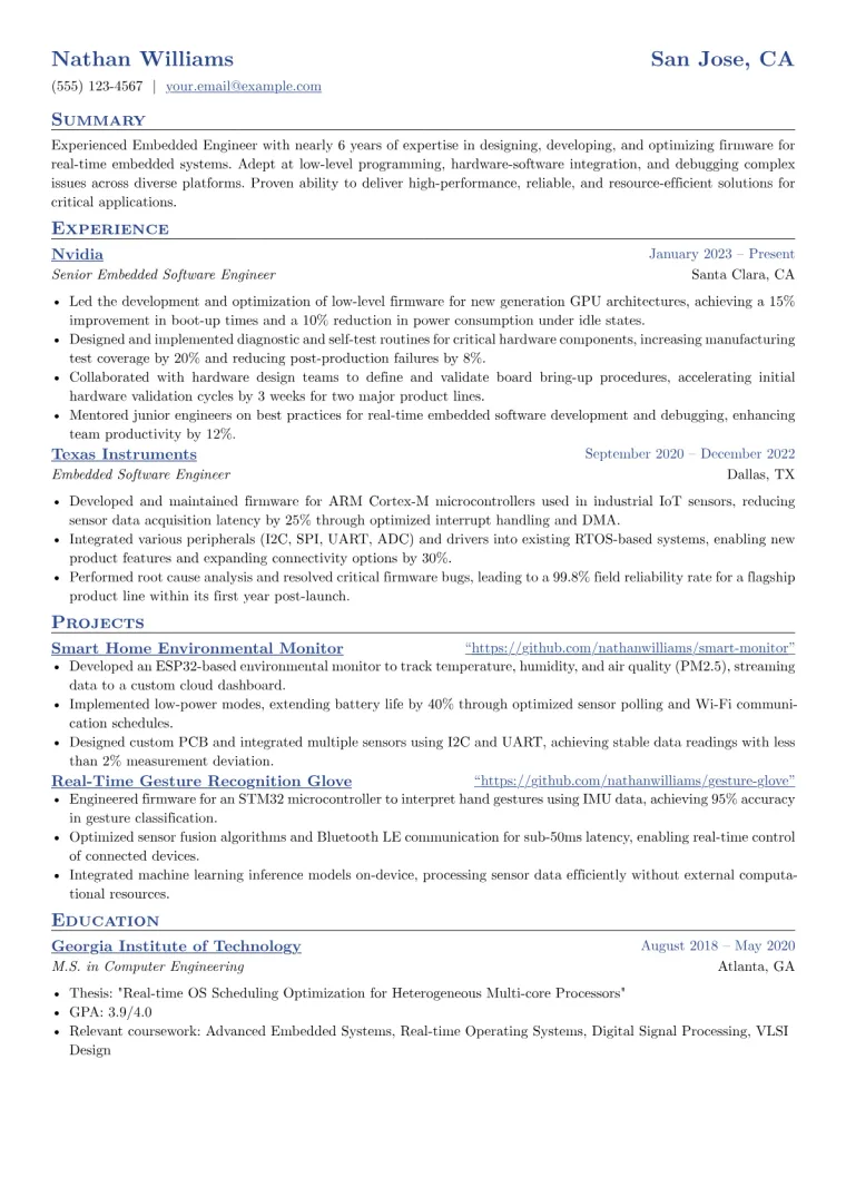 Experienced Embedded Engineer Resume Example CV template preview