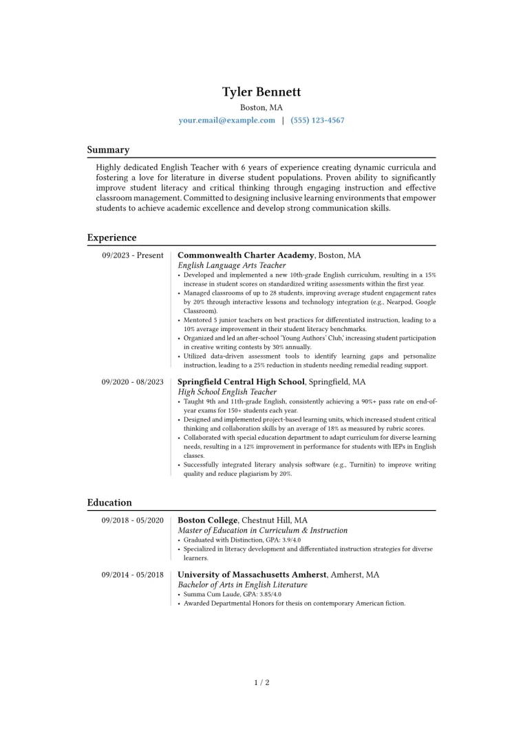 Experienced English Teacher Resume Example preview