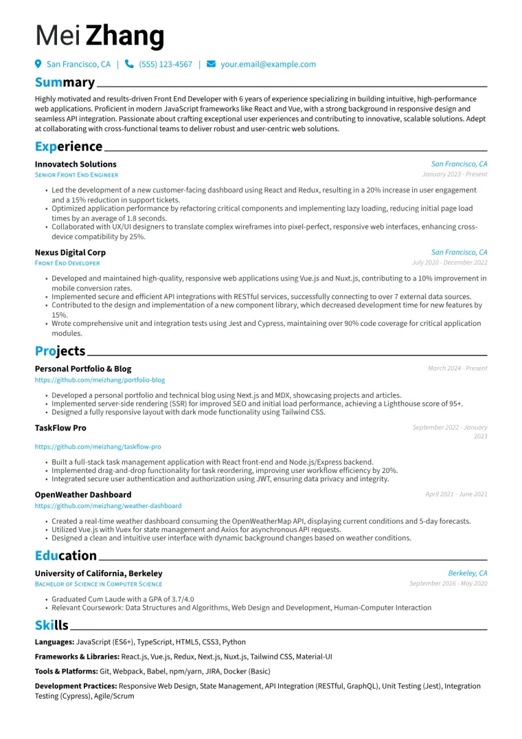Experienced Front End Developer Resume Example CV template preview