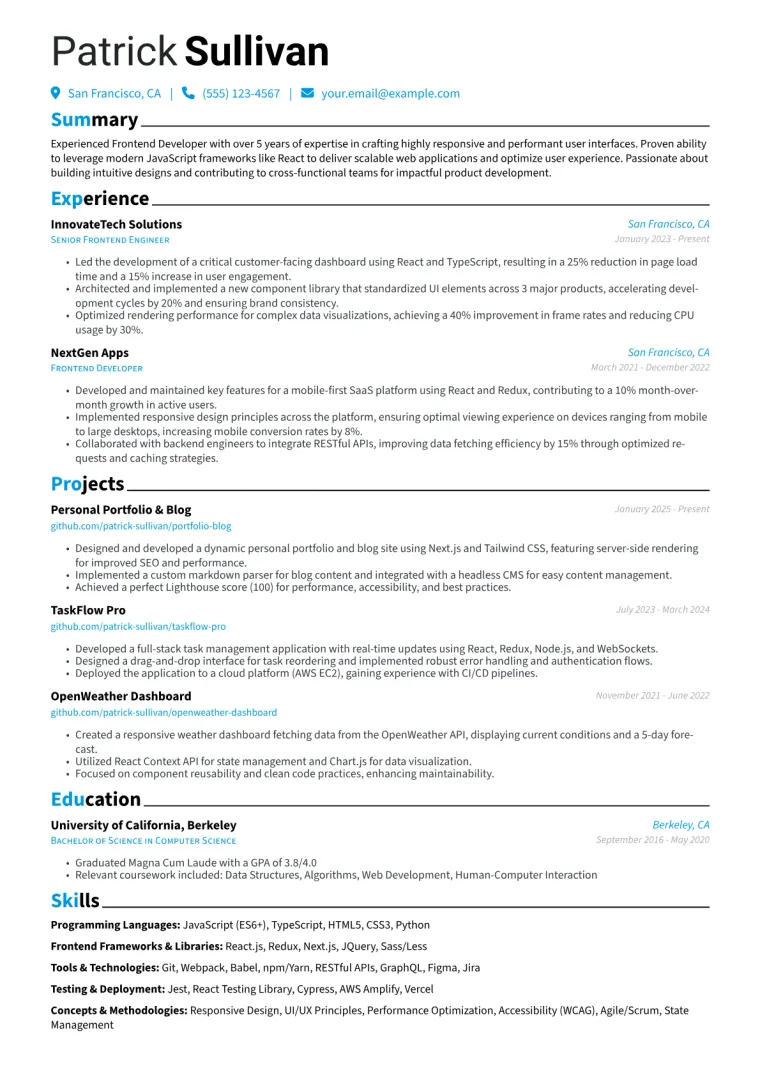 Experienced Frontend Developer Resume Example CV template preview