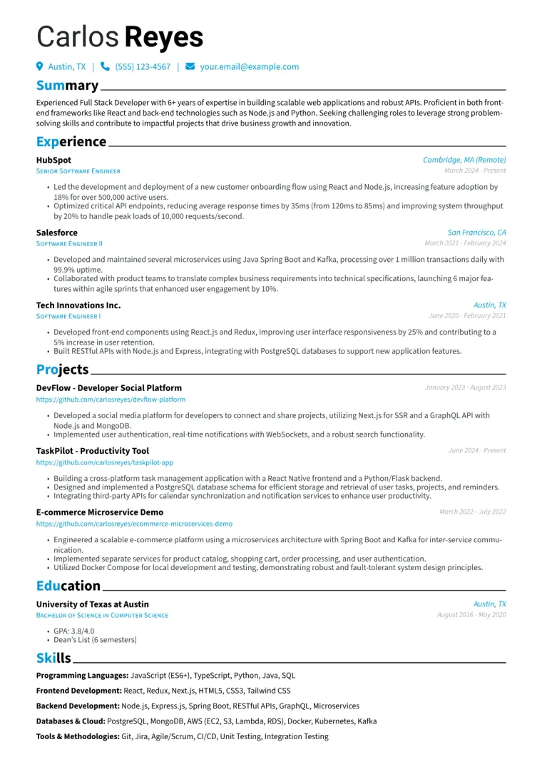 Experienced Full Stack Developer Resume Example preview