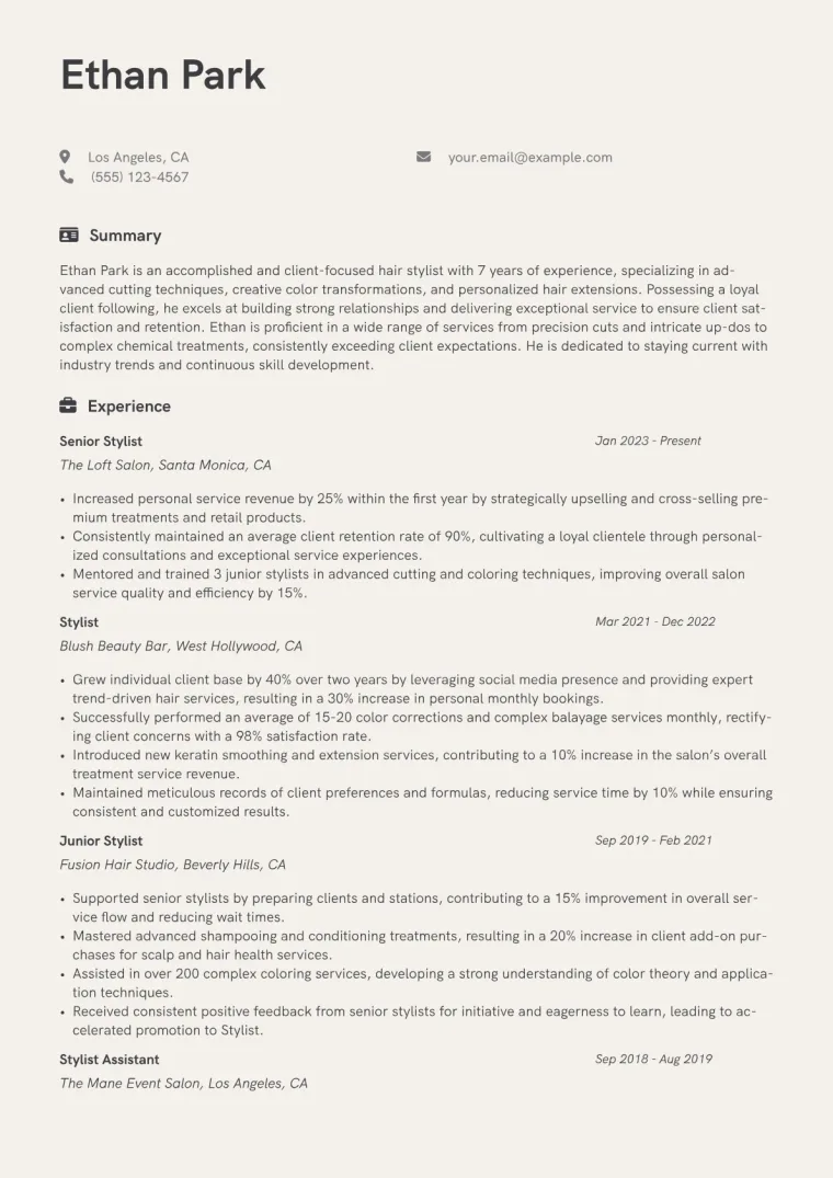 Experienced Hair Stylist Resume Example CV template preview