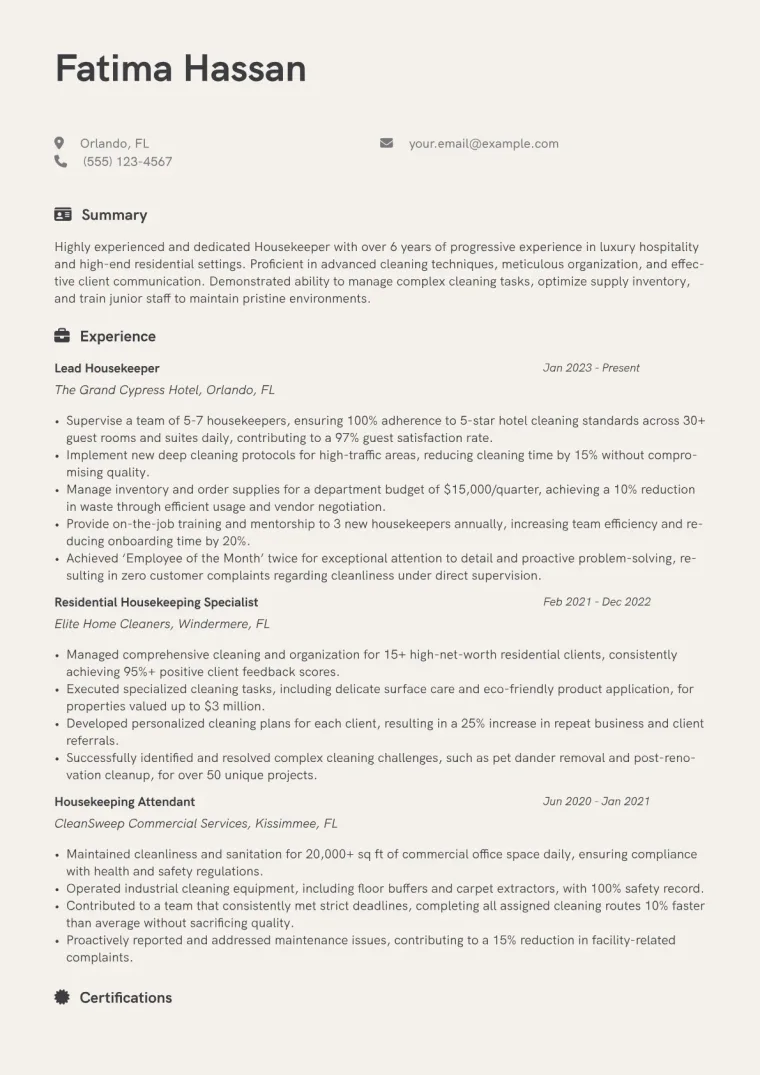 Experienced Housekeeper Resume Example CV template preview