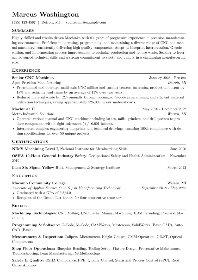 Experienced Machinist Resume Example preview