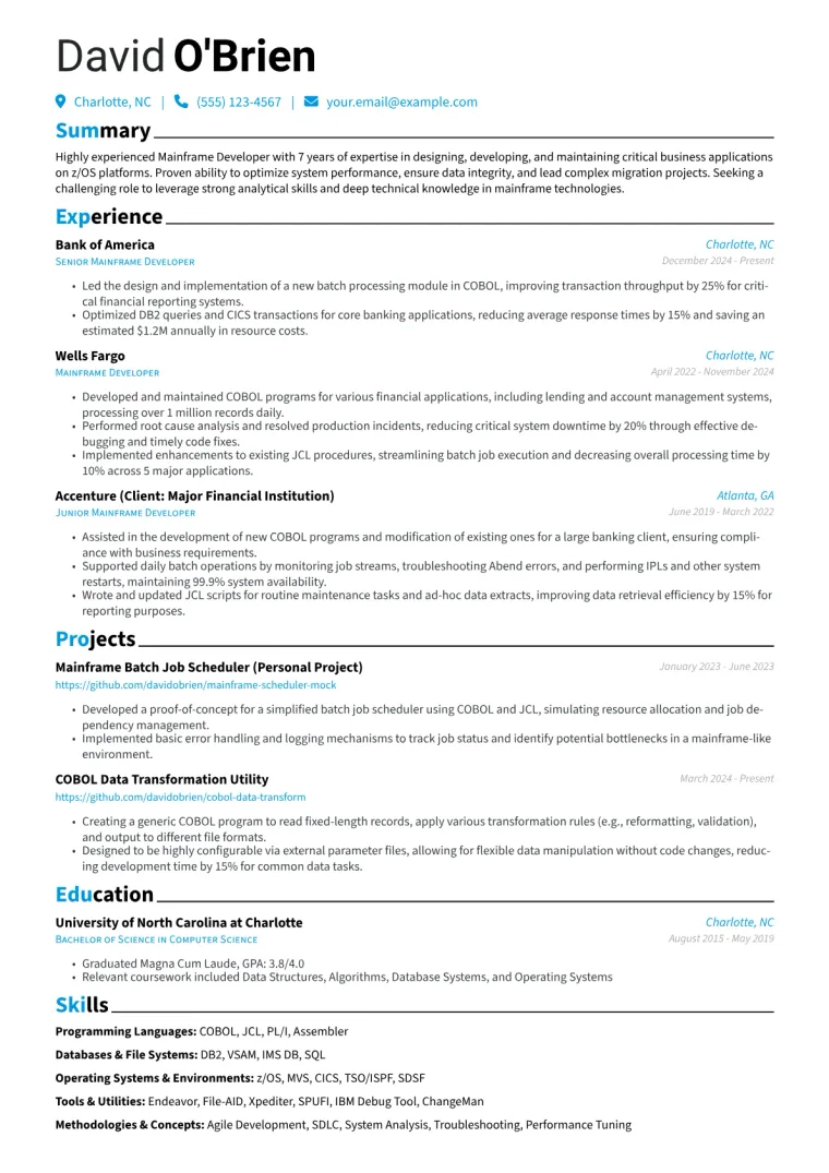 Experienced Mainframe Developer Resume Example CV template preview