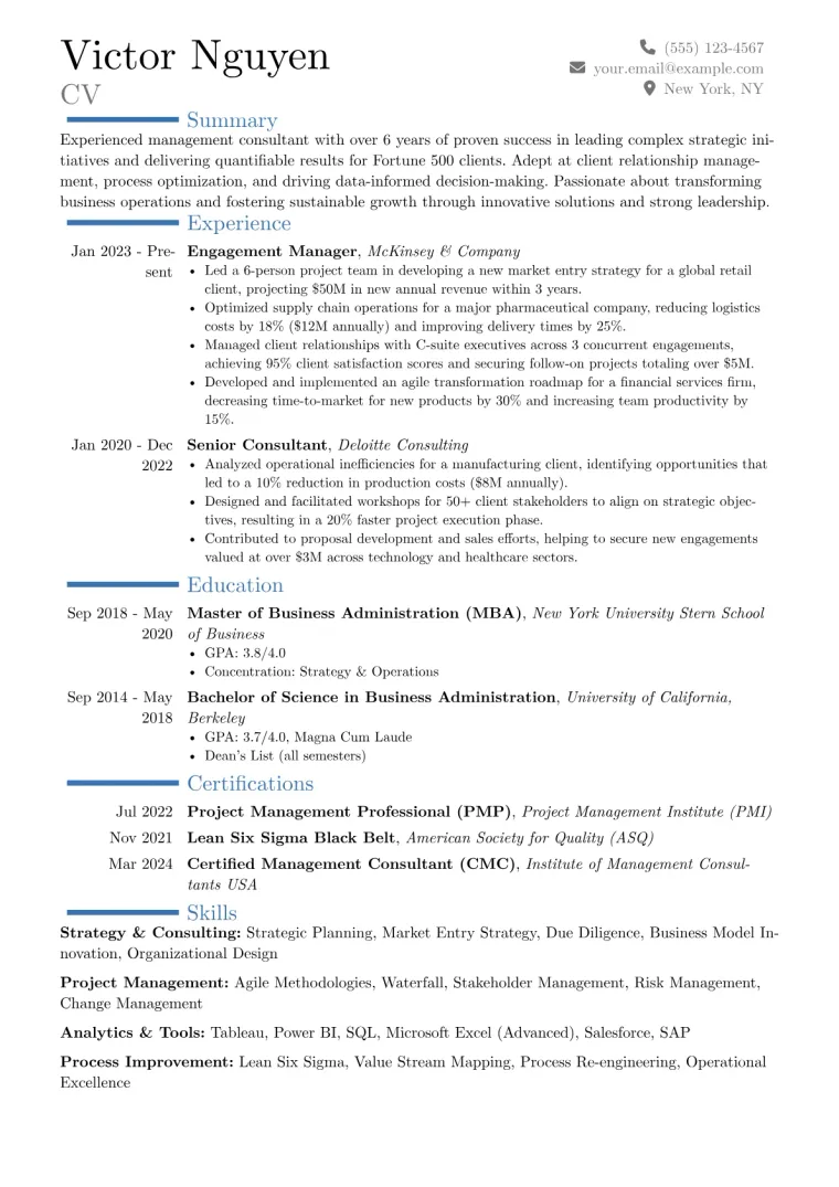 Experienced Management Consultant Resume Example CV template preview