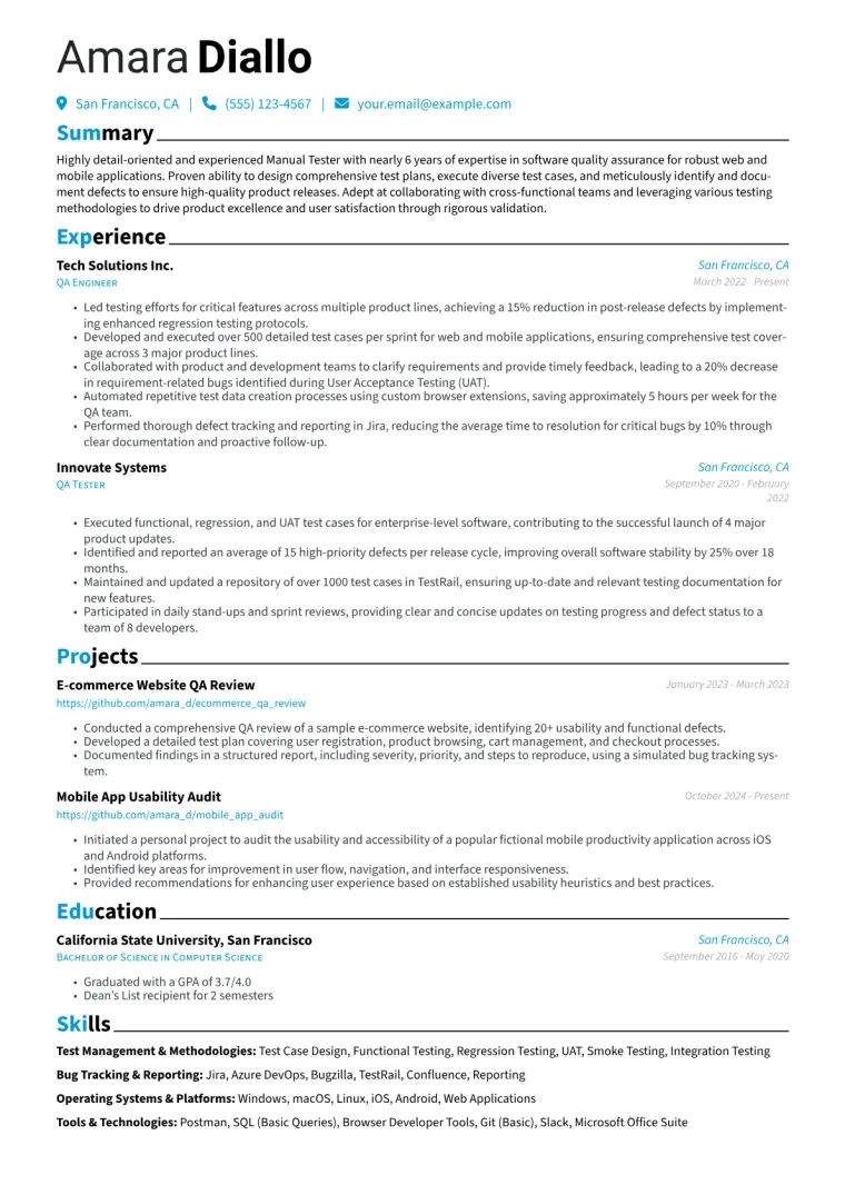 Experienced Manual Tester Resume Example CV template preview