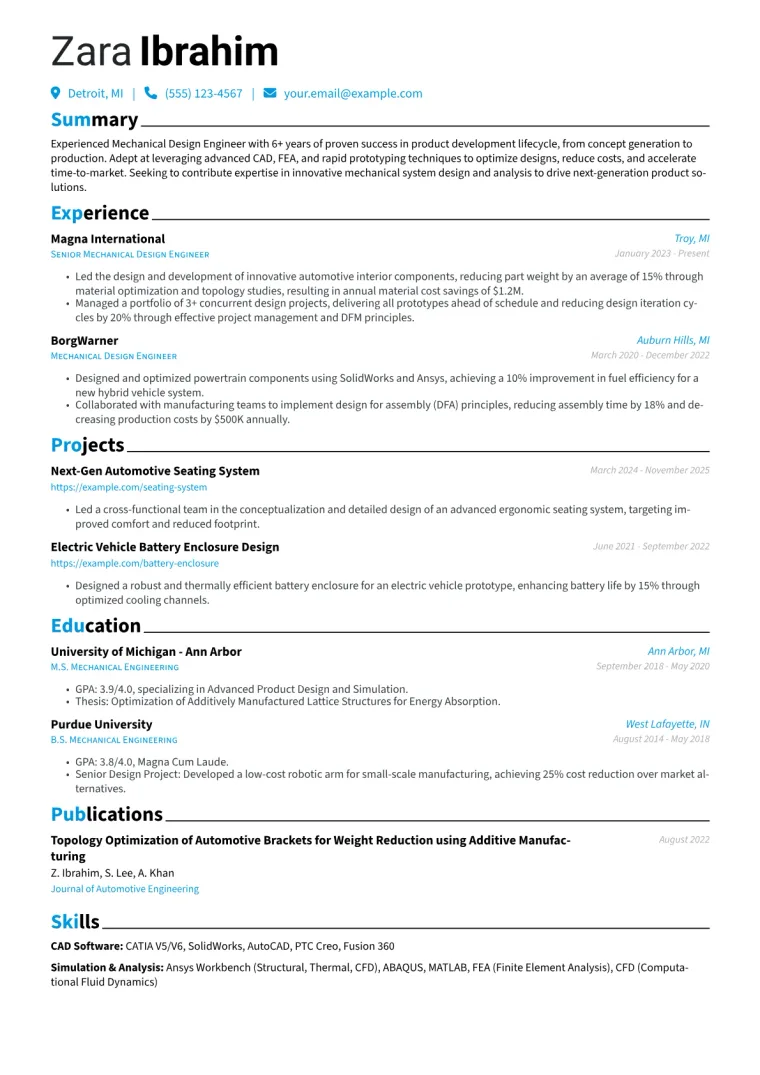 Experienced Mechanical Design Engineer Resume Example CV template preview