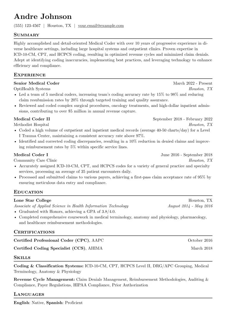Experienced Medical Coder Resume Example preview