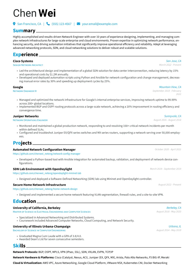 Experienced Network Engineer Resume Example CV template preview