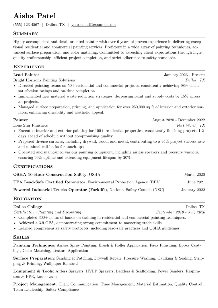 Experienced Painter Resume Example CV template preview