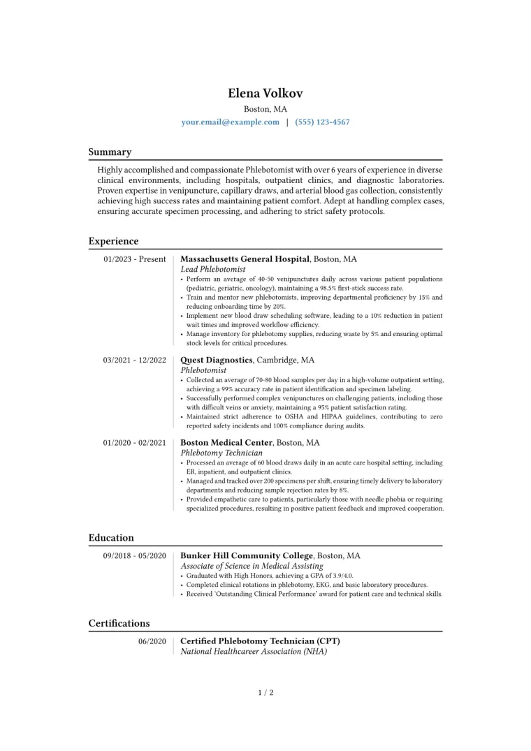 Experienced Phlebotomist Resume Example preview