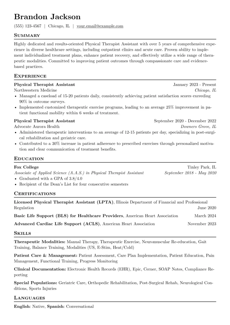 Experienced Physical Therapist Assistant Resume Example preview
