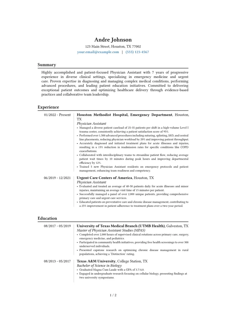 Experienced Physician Assistant Resume Example CV template preview