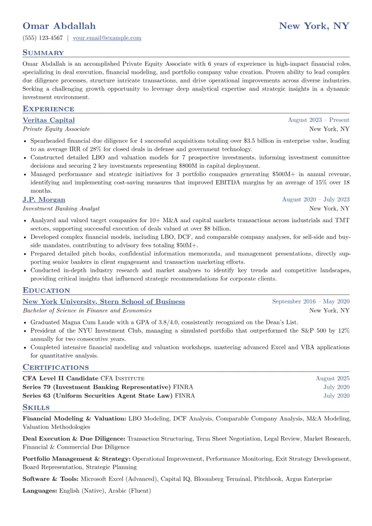 Experienced Private Equity Associate Resume Example preview