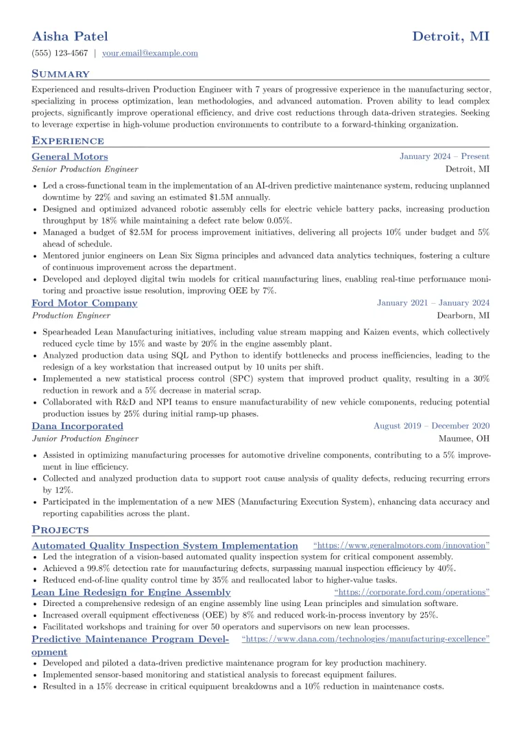 Experienced Production Engineer Resume Example preview