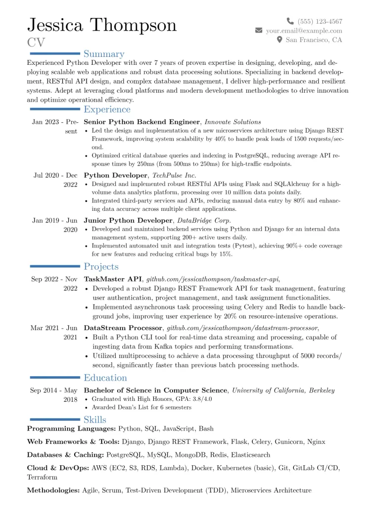 Experienced Python Developer Resume Example CV template preview