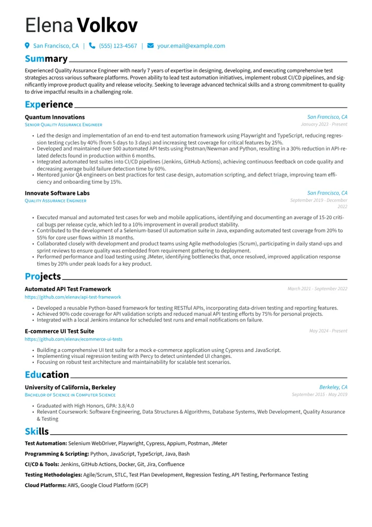 Experienced QA Engineer Resume Example preview