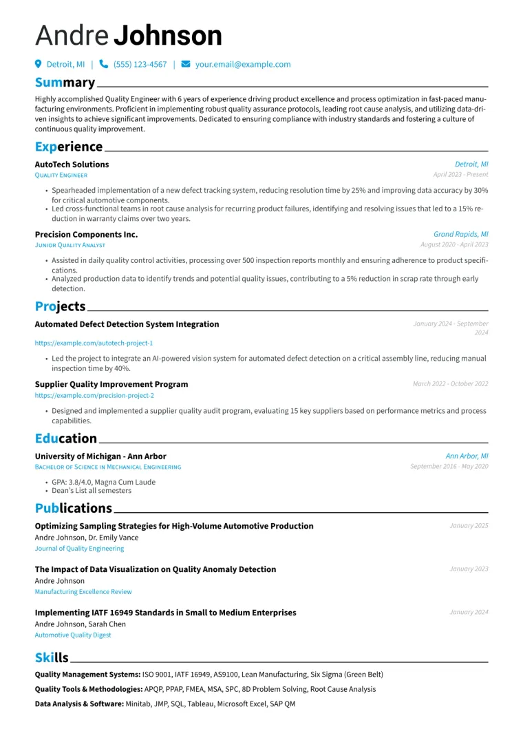 Experienced Quality Engineer Resume Example CV template preview