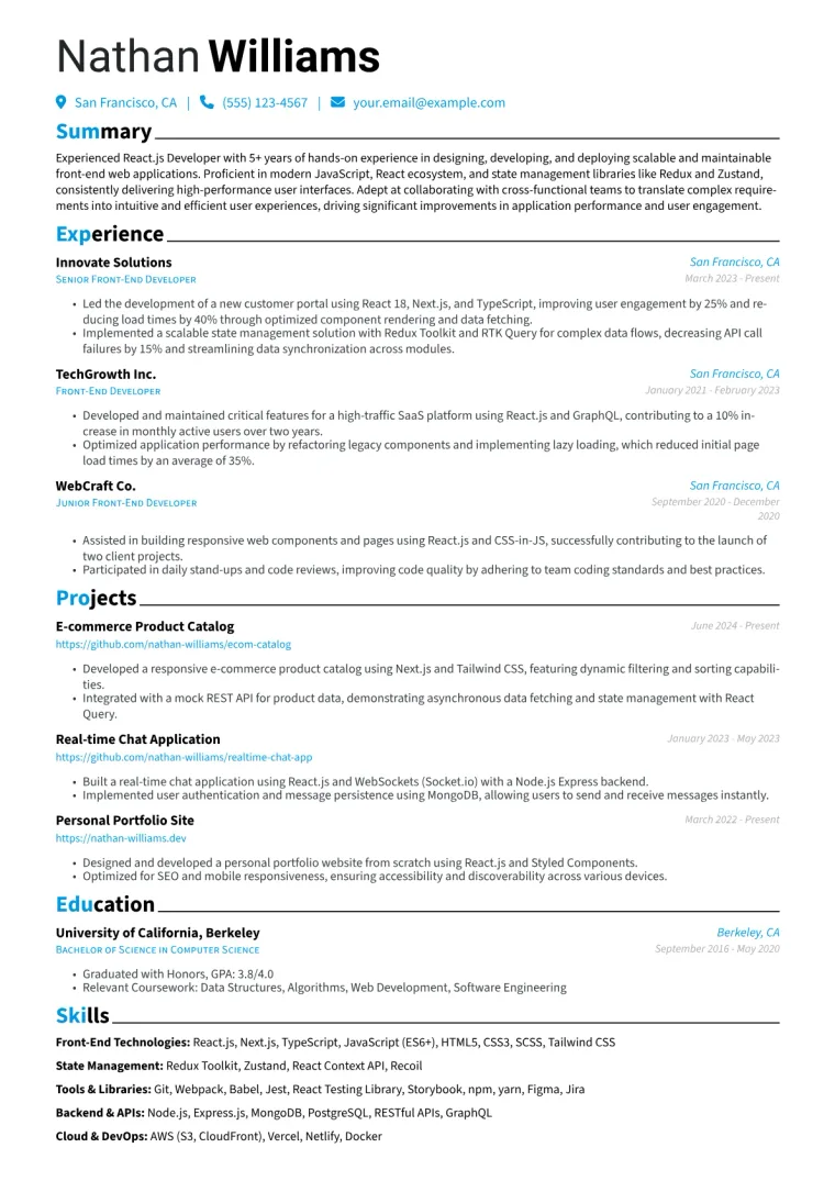 Experienced React.js Developer Resume Example CV template preview