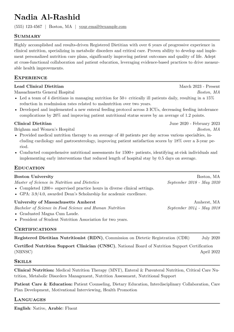 Experienced Registered Dietitian Resume Example CV template preview