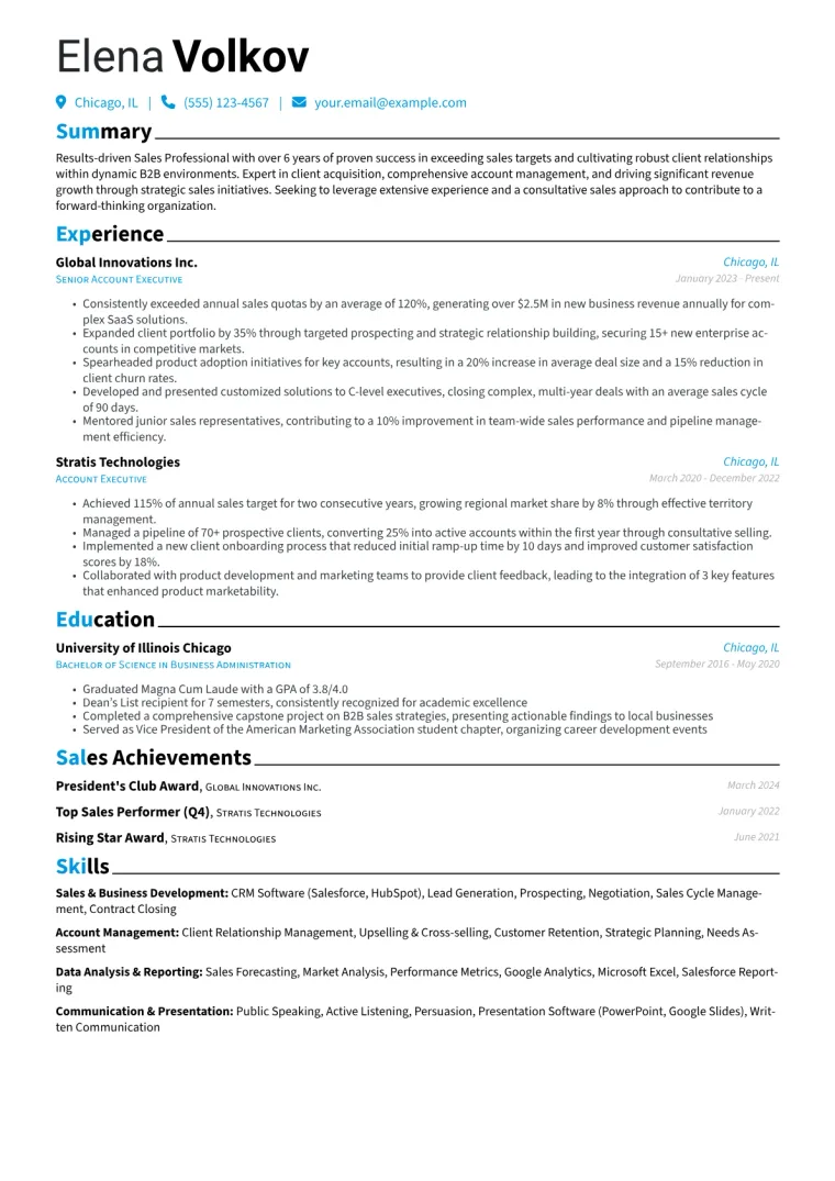 Experienced Sales Representative Resume Example CV template preview