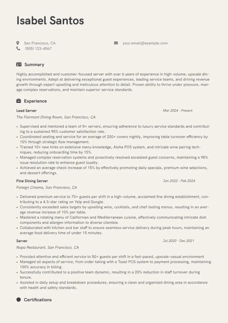 Experienced Server Resume Example preview